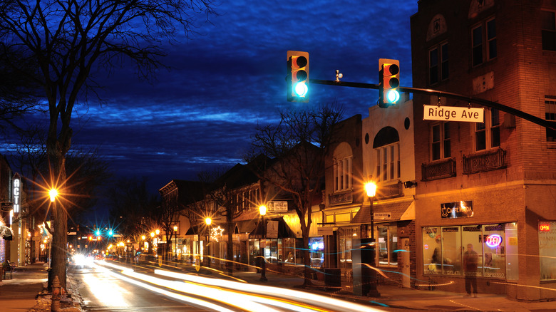 Buildings at night with blurred car traffic in Ambler, Pennsylvania