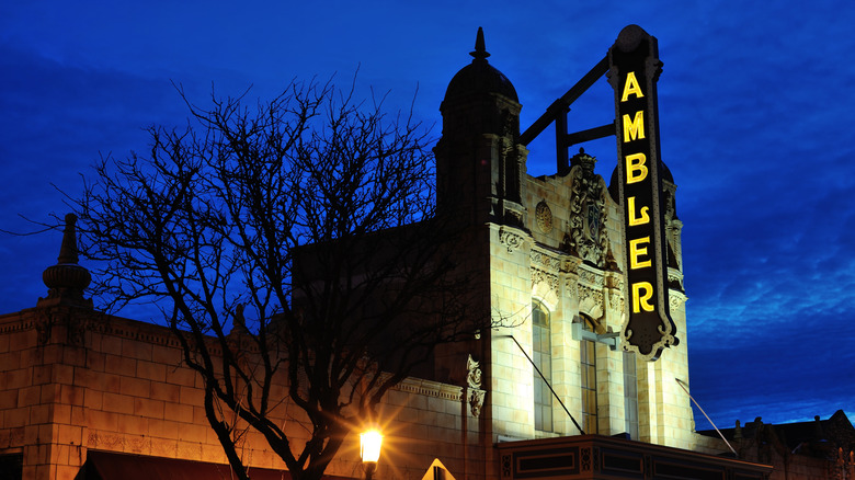 The Ambler Theater on Main Street at night