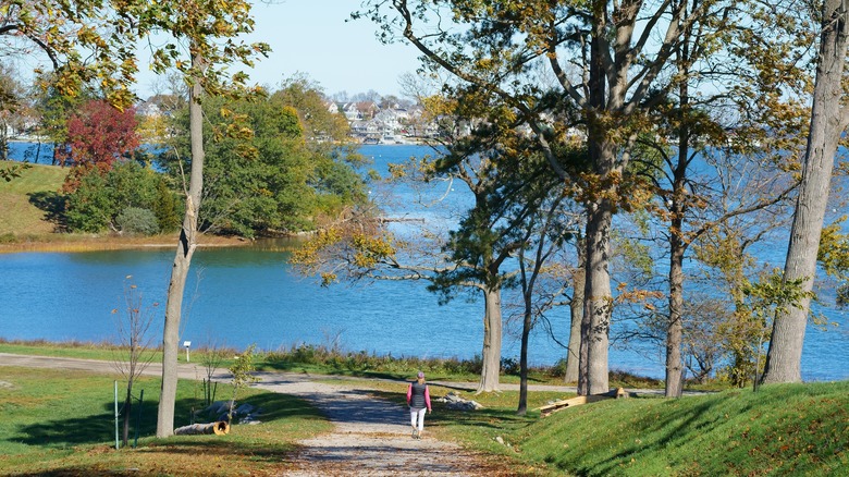 Woman walking along a carriage path at World's End