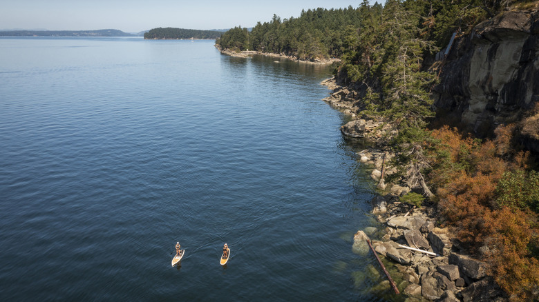 Two paddleboarders off Galiano Island, BC, Canada