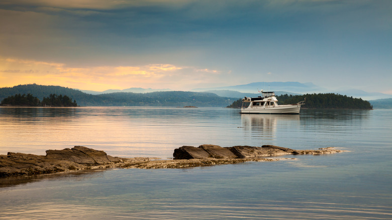 View of Montague Harbour Marina visible from terrace of Robin and Crane restaurant, Galiano, BC