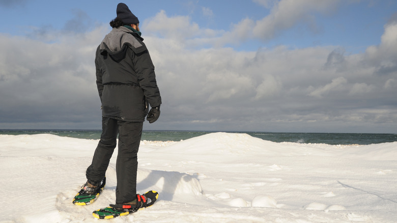 Man wearing snowshoes looking at Lake Huron