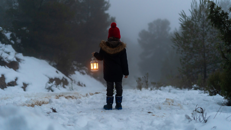 Boy walking through a snowy landscape at night with a glowing lantern