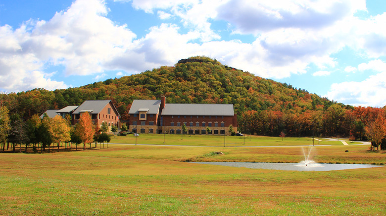 Forested mountain behind buildings with small lake