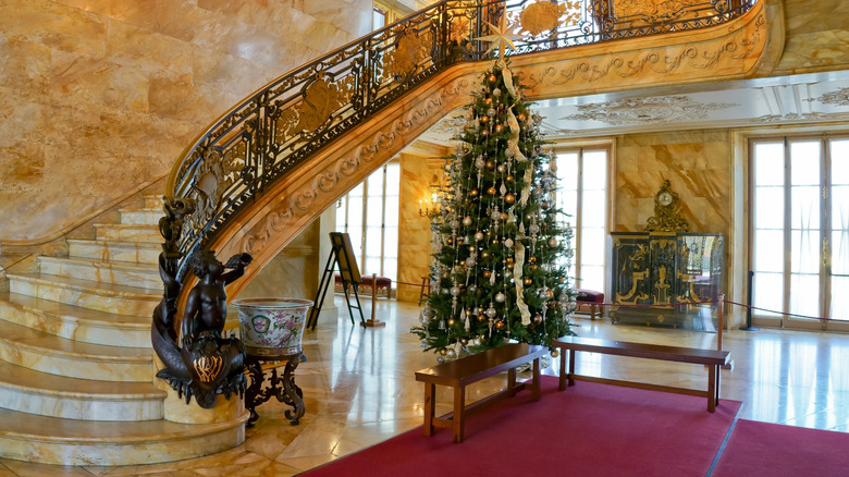 Interior of Marble House foyer in Newport with Christmas tree