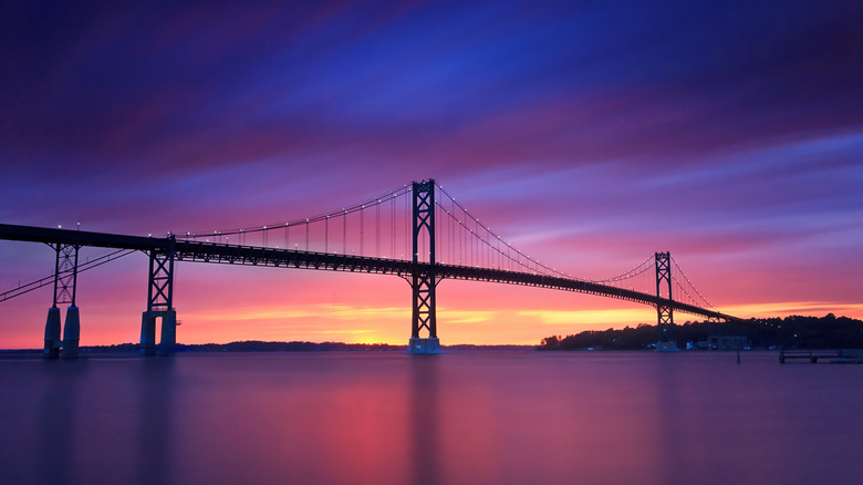 Sunset on Mount Hope Bridge in Bristol, Rhode Island