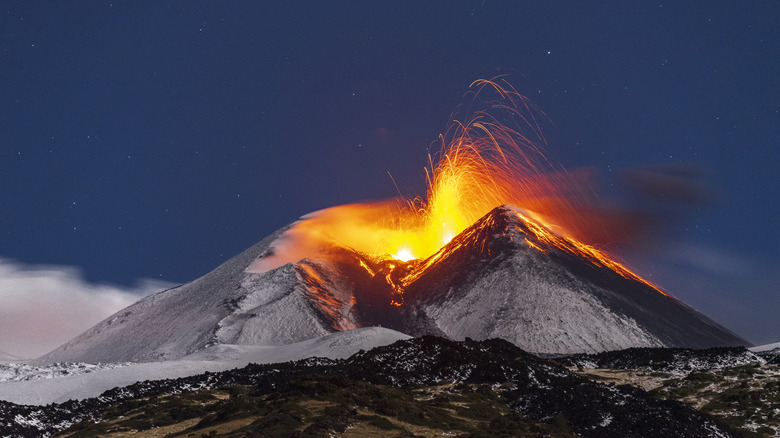 Mount Etna erupting in Sicily, Italy.