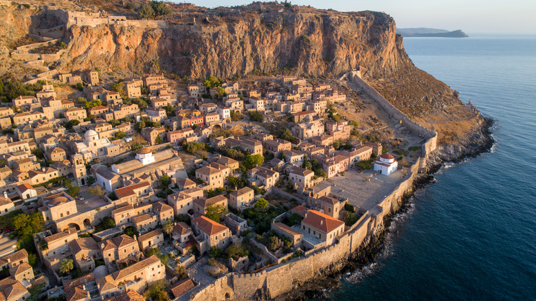 Aerial view of the town of Monemvasia on the Southern coast of the Peloponnese Peninsula