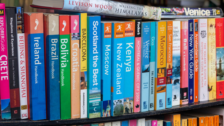 An array of guidebooks on a shelf