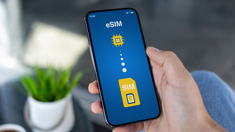 Person holds a phone while downloading an eSIM