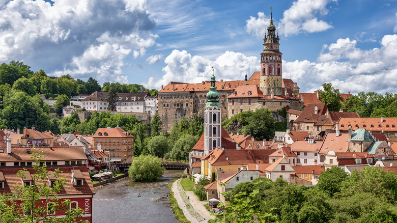 View of Czesy Krumlov town, castle, and river