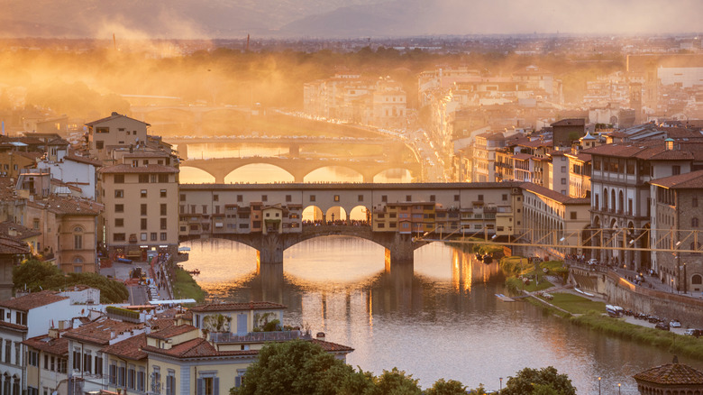 Ponte Vecchio bridge in Florence, Italy, on a foggy morning