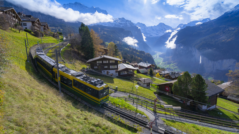 Train passing through Swiss mountains