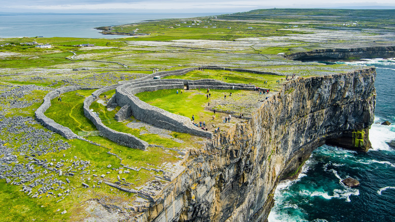 Aerial view of ancient site on Aran Islands, Ireland