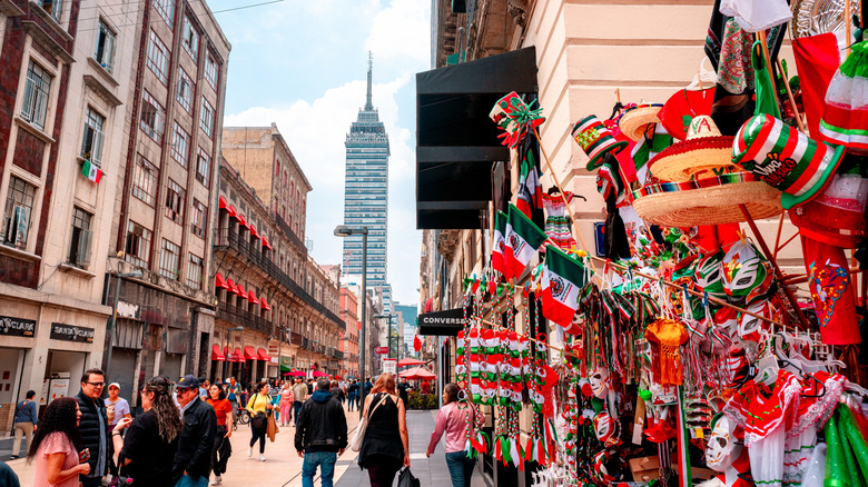 A street filled with Mexican-themed souvenirs in Mexico City