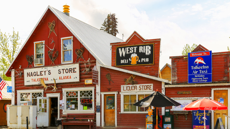 Buildings with signage in Talkeetna, Alaska