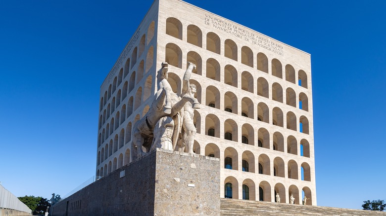 Palazzo della Civiltà Italiana, the 'Square Colosseum' against a blue sky in Rome