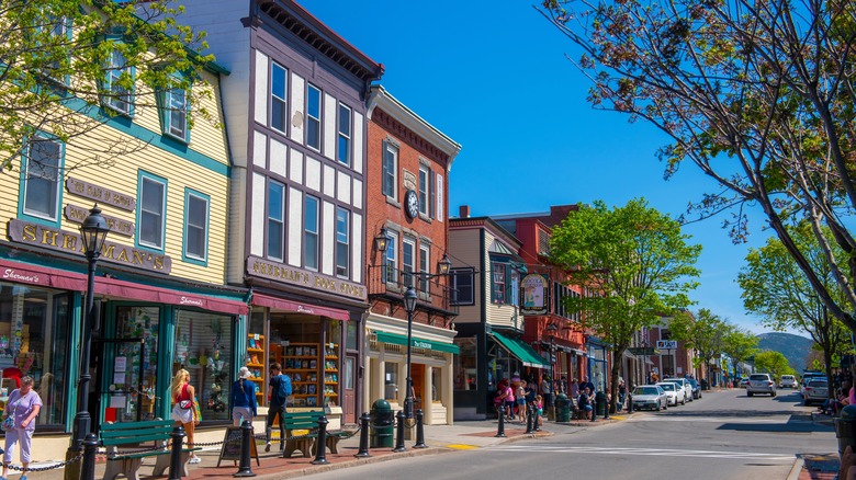 Historic center lined with shops in Bar Harbor, Maine