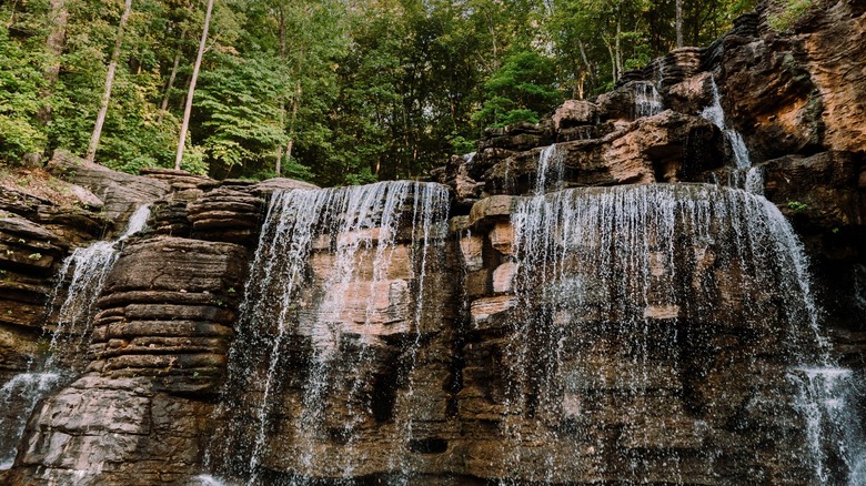 Rock formations and waterfall in Missouri Ozarks