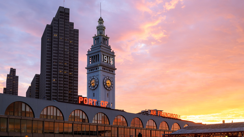 The Ferry Building in San Francisco at sunset