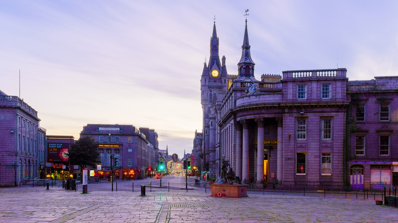 A view of Aberdeen, Scotland from the street at sunrise