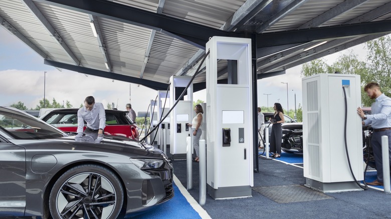 EV charging station with cars being charged.