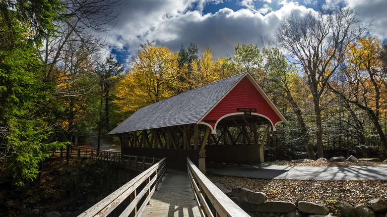 Flume covered bridge in fall