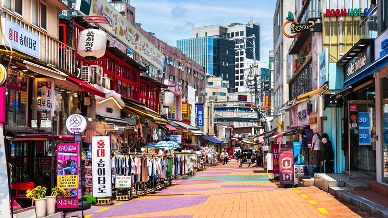 The pedestrian Hongdae Street filled with shops in Seoul, South Korea