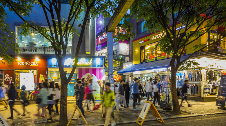 The bustling bohemian neighborhood of Hongdae in Seoul, South Korea