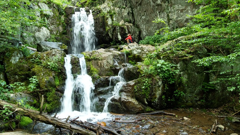 Person sits by waterfall in Shenandoah National Park