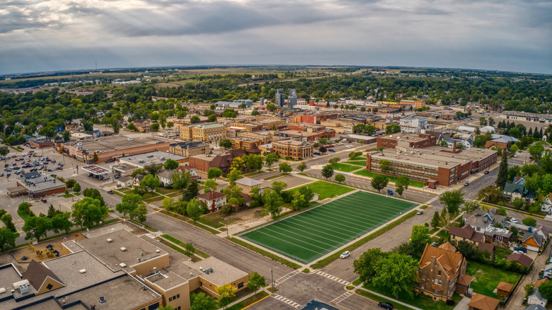 Aerial view of Jamestown, North Dakota along I-94