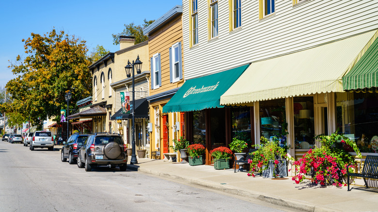 Charming street with storefronts and parked cars in Midway, Kentucky