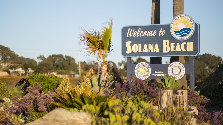 Sign reading "Welcome to Solana Beach" surrounded by cacti