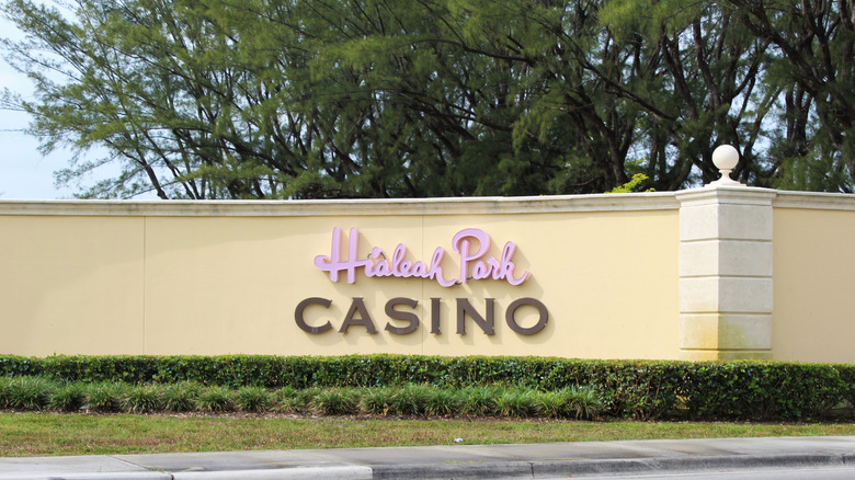 Pink and brown Hialeah Park Casino sign outside