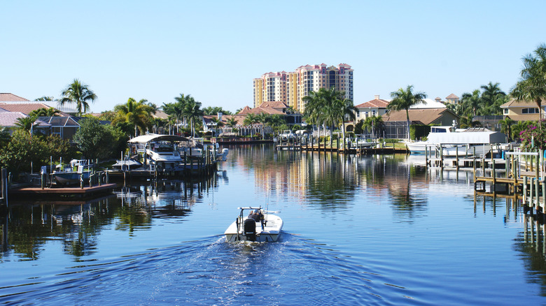 a boat along the canal of Cape Coral, Florida