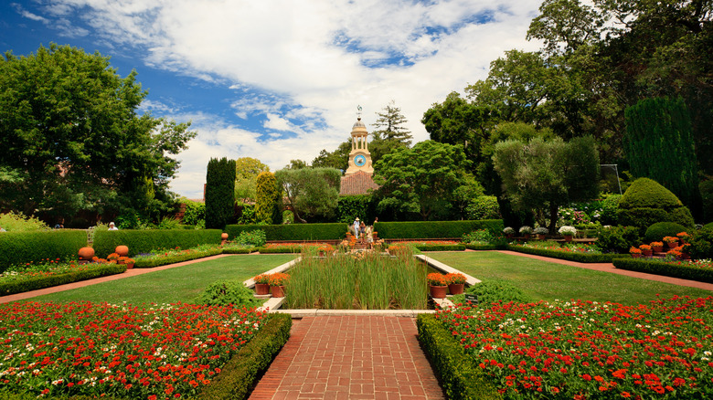 Manicured garden with clock tower in Redwood City, California