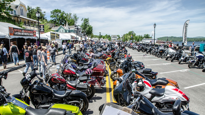 parked bikes at Laconia Motorcyle Week, New Hampshire