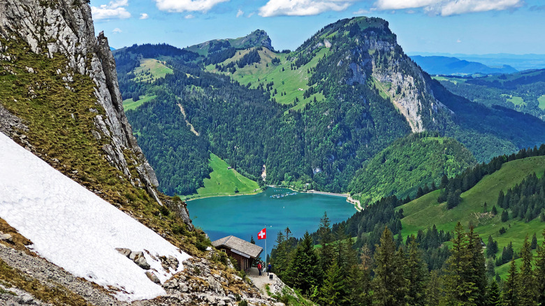 A view of Gross Aubrig mountain behind Wägitalersee.