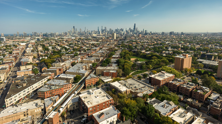 Aerial view of Wicker Park and Downtown Chicago