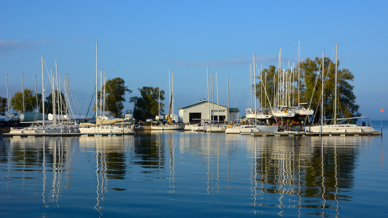 marina at Sackets Harbor in New York state with blue sky