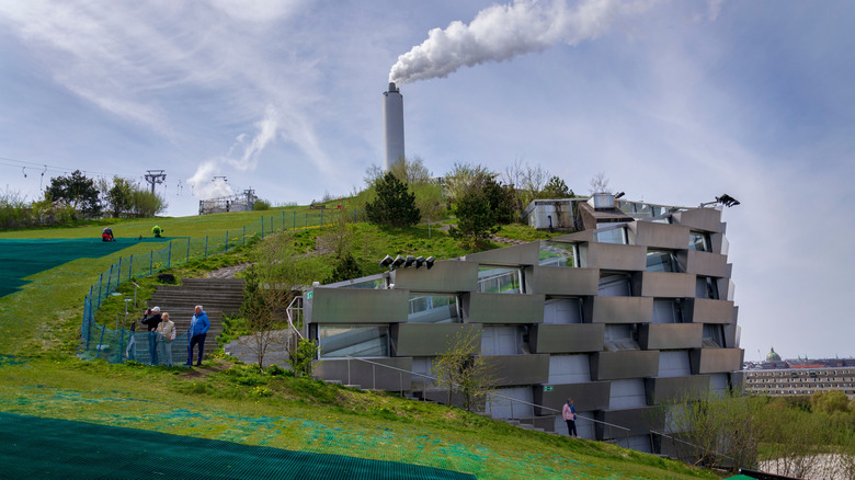 View of CopenHill artificial ski slope and smokestack in Copenhagen