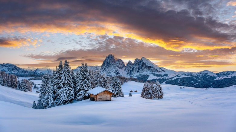 Wooden hut surrounded by snowy mountains and pine trees in the Italian Dolomites