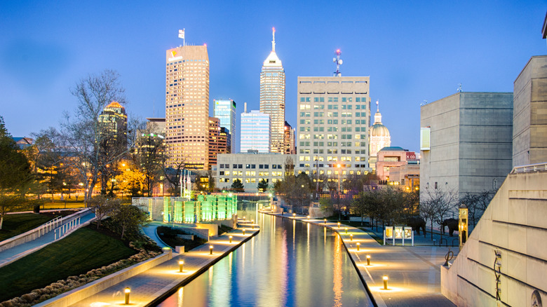 Shot of downtown Indianapolis' architecture and canal