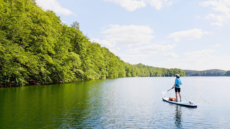 Person paddleboarding on a lake