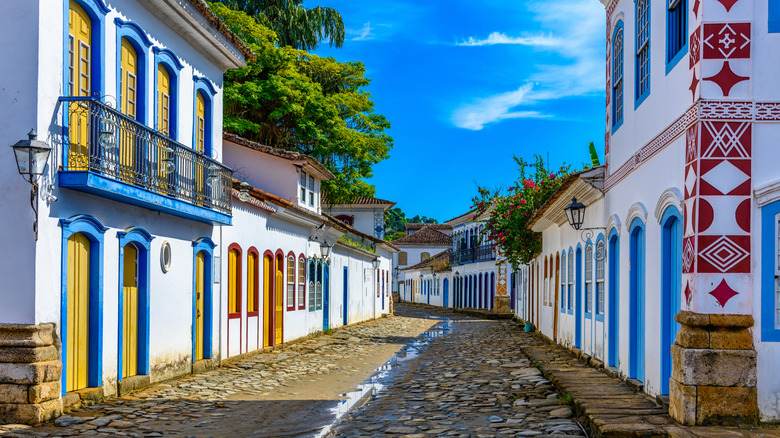 Colorful homes lining a cobblestone street in Paraty, Brazil