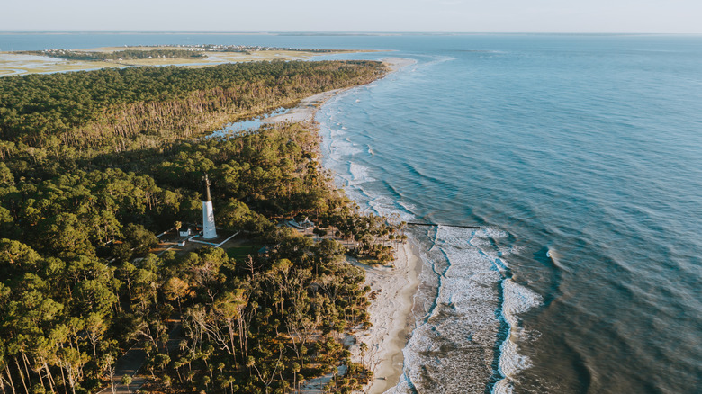 An aerial view of Hunting Island and its lighthouse