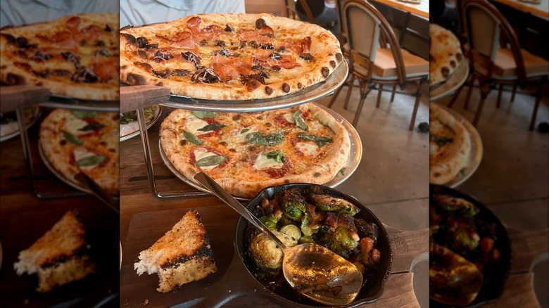 Brussels sprouts, margherita, and fig and prosciutto pizzas from Coastal Crust