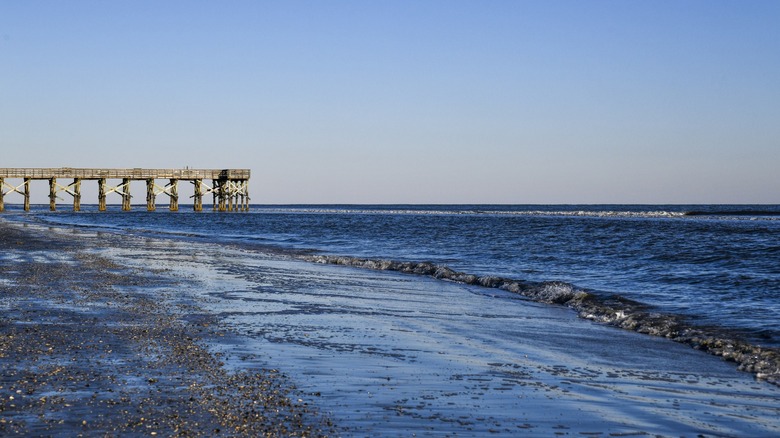 Low tide and pier on Isle of Palms, South Carolina