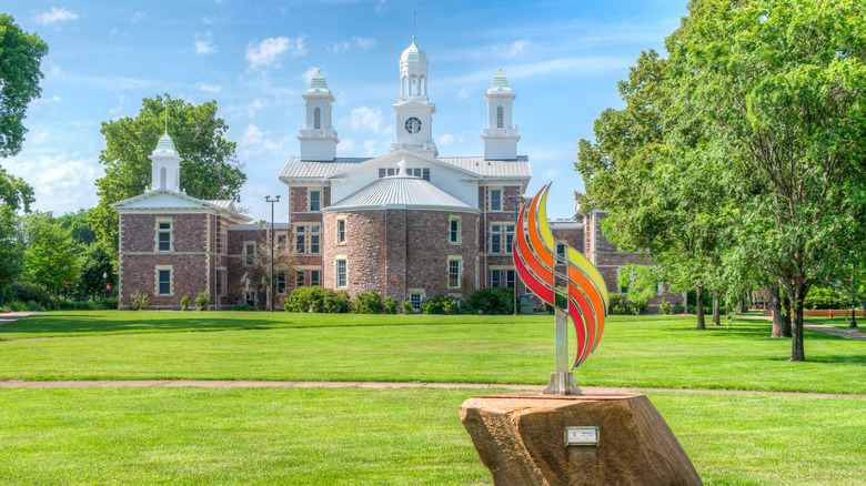 A sculpture in front of the University of South Dakota in Vermillion