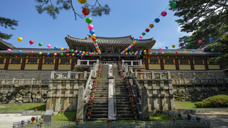 Steps to the Bulguksa Temple decorated for a Buddhist festival in Gyeongju, South Korea